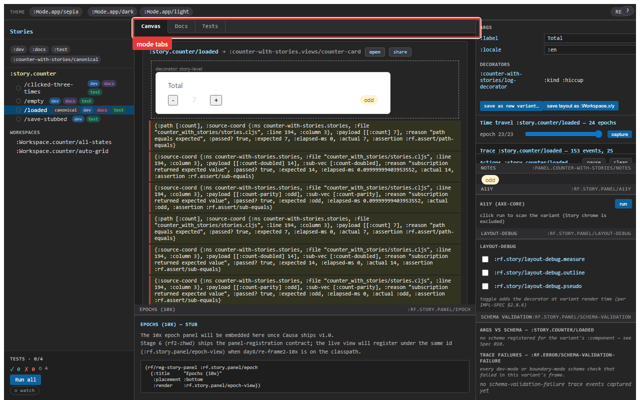 The mode-tab strip on a variant canvas