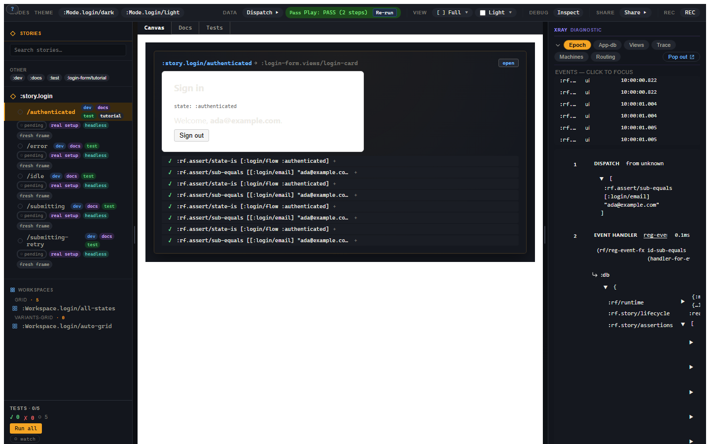 The Story shell with a login variant selected, the canvas in the middle, the Story tree on the left, and Xray embedded on the right.