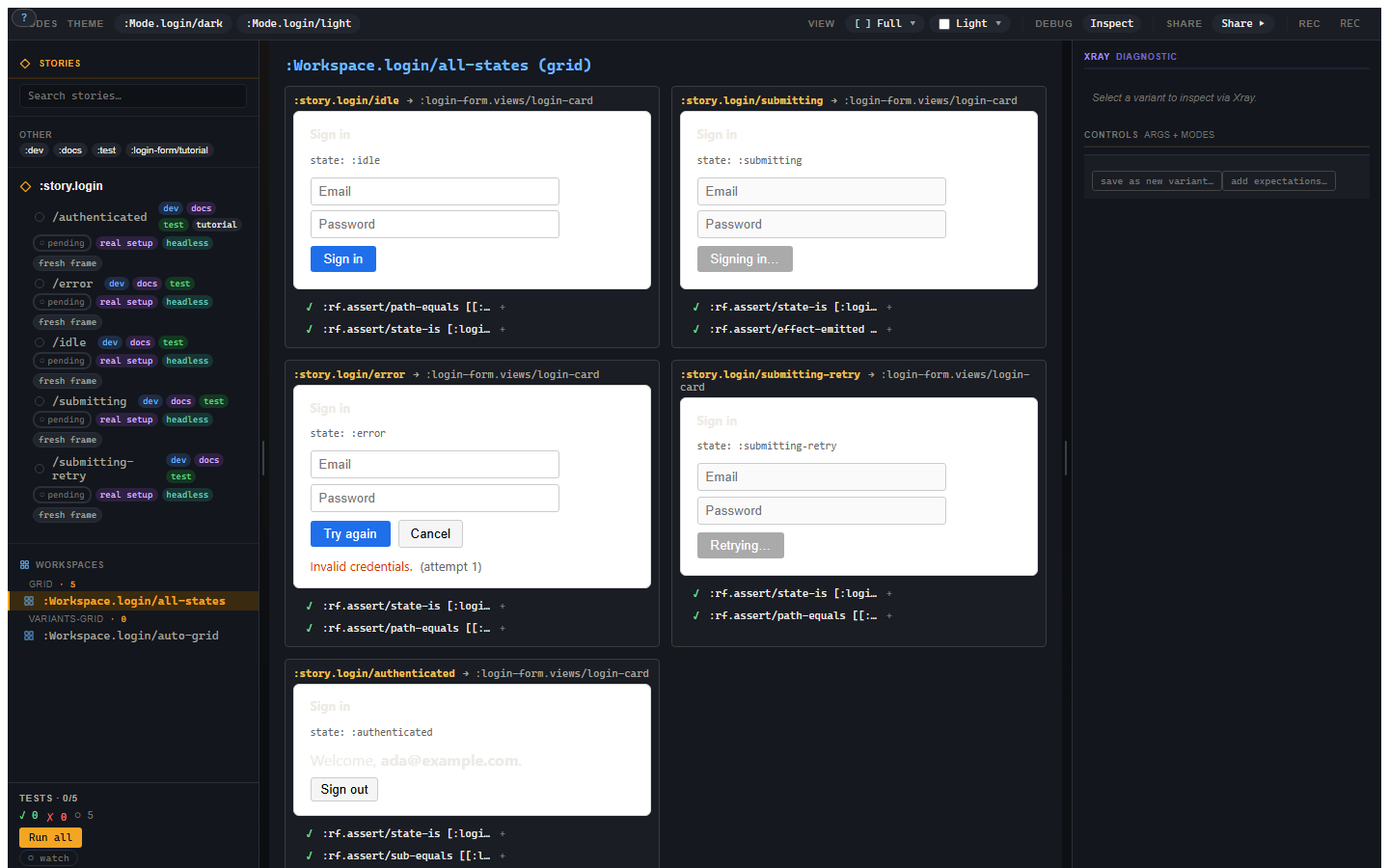 A login workspace rendering idle, submitting, error, retry, and authenticated states side by side.