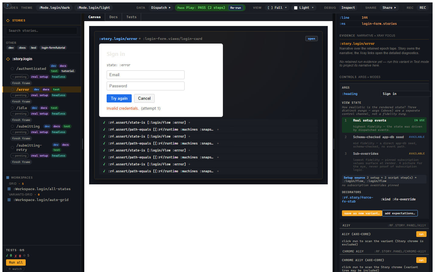 Controls showing args, view-state fidelity, setup provenance, decorators, and save actions.