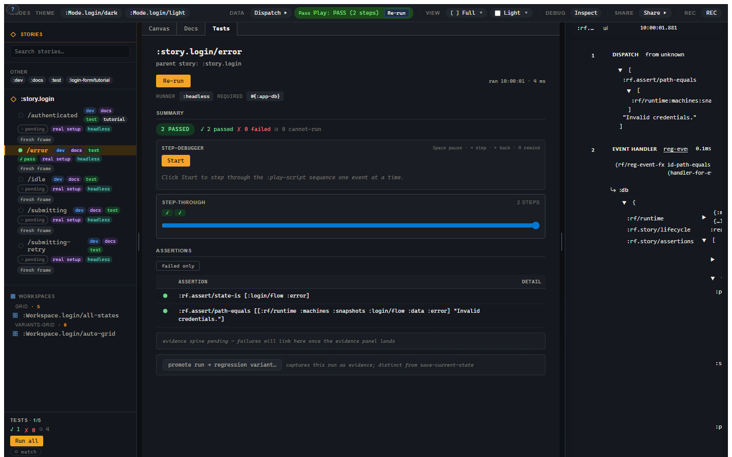 Test mode showing the login error variant run, its runner, status summary, assertions, and promotion action.