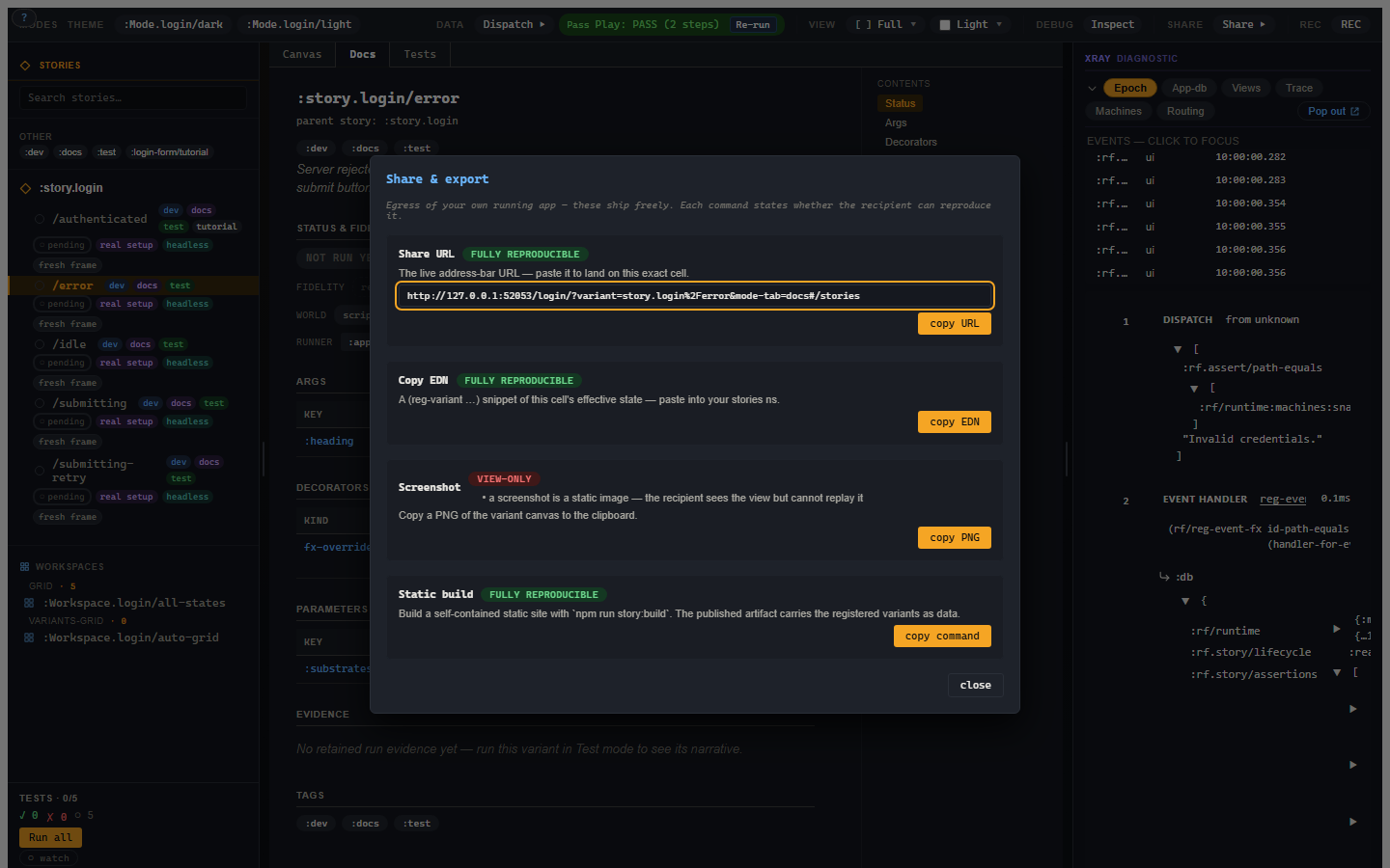 The Story Share dialog with URL, EDN, screenshot, and static build options.
