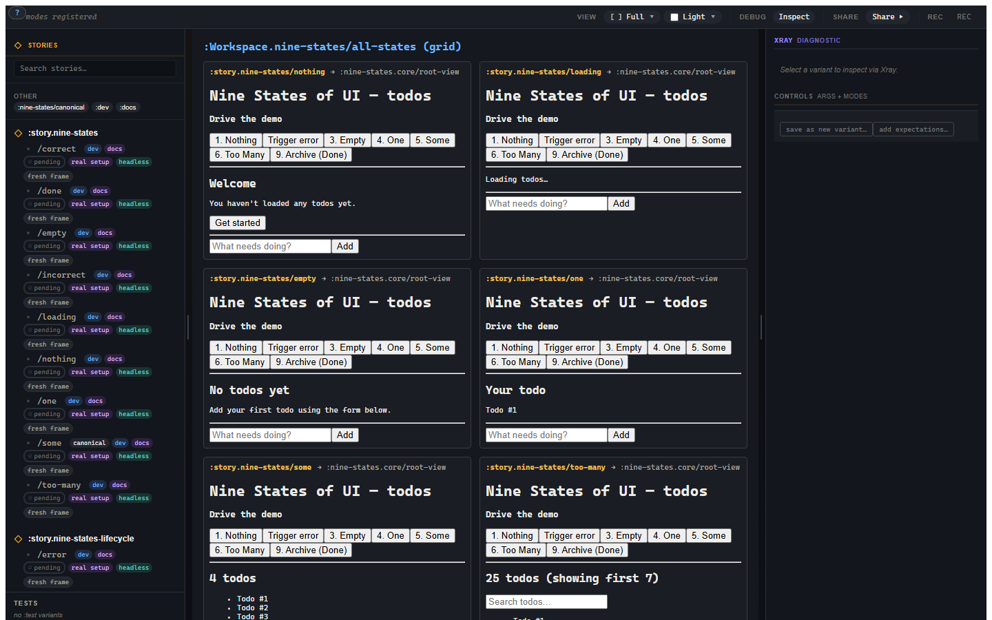 The nine_states workspace showing a matrix of todo UI states.