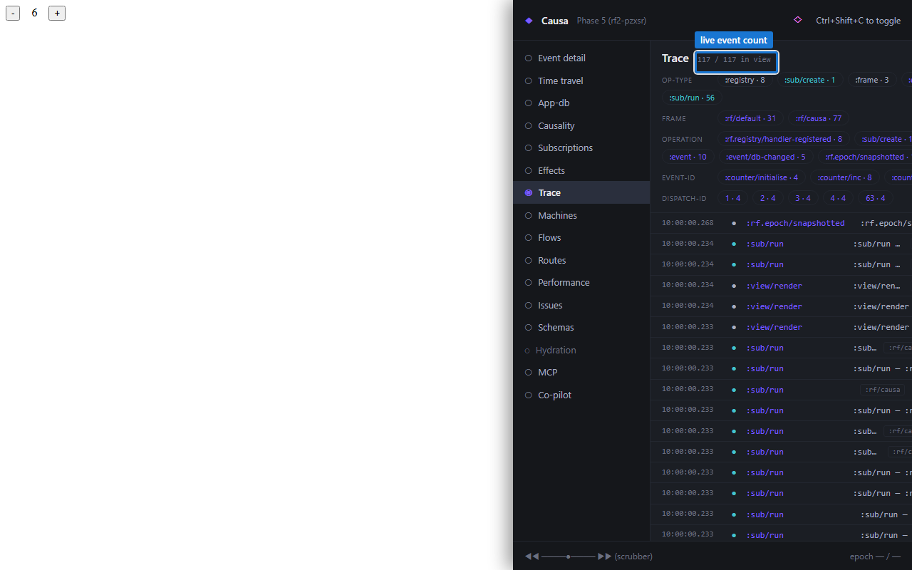 Trace panel with live event count and filter bar